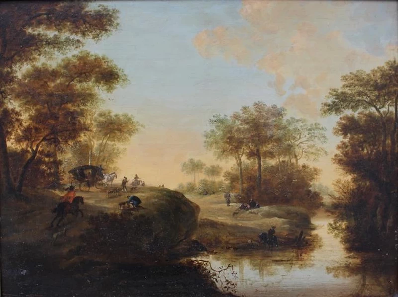 Paesaggio con cacciatori, cavalieri e carrozza lungo un fiume